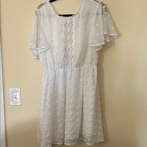White Lace-Trim Flutter Sleeve Dress